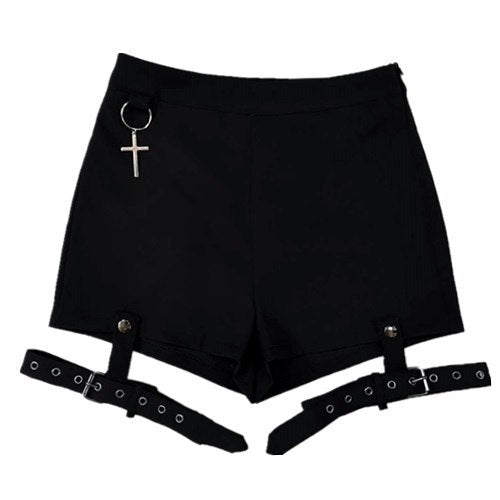 Summer Punk Rock Damshorts Sexiga Cross Ring Hängande Ornament Sommarmode Svarta Shorts