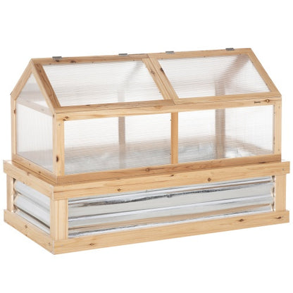 Outsunny Raised Garden Bed With Polycarbonate Greenhouse, Wooden Garden Cold Frame Greenhouse, Flower Planter Protection, 48 X 24 X 32, Natural