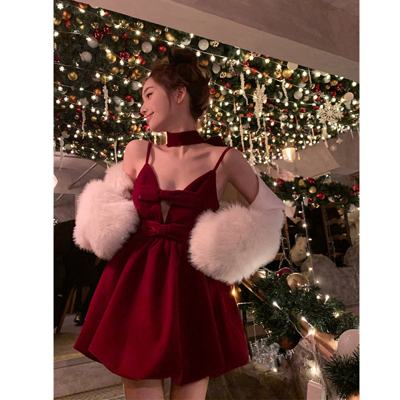 New Year Red Velvet Dress Female Birthday Suspenders Puff Princess Dress