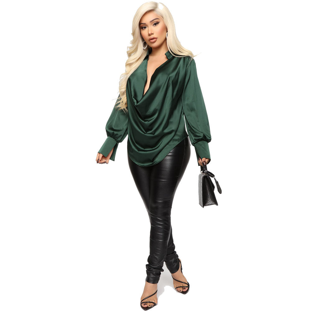 SexyTemperament Long-sleeved Deep V-neck Satin All-match Top