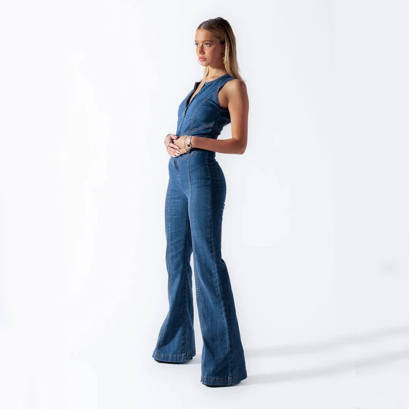 Combinaison en Denim pour femmes, Slim, en forme de cœur, dos nu, col licou, fermeture éclair, taille haute, vêtements de Style rétro, été