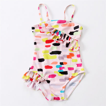 Children Ruffled Color One Piece Swimsuit