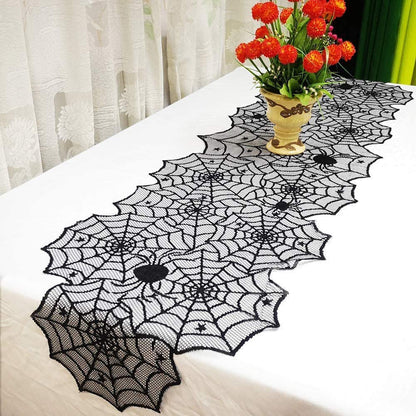 Halloween bordsduk Svart spetsöverdrag Bordslöpare Spiderweb Öppen spis Scarf Bordsdekoration Halloween-dekorationer för hemmet