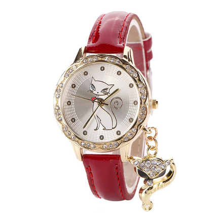 Mode mignon chat modèle montre bracelets horloge cadeau femmes fille montres de luxe diamant analogique en cuir Quartz montres