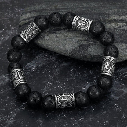 Asgard Crafted Silver Rune And Black Lava Stone Bracelet