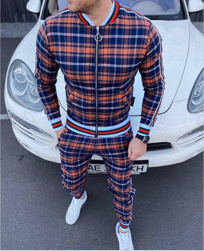 Fashion casual men's suit striped plaid jacket long pants men