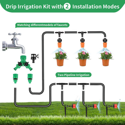 Kit d'irrigation goutte à goutte de jardin, kit de système d'irrigation goutte à goutte automatique pour serre de 164 pieds avec tuyau de distribution vierge, buse de brumisation de patio réglable, émetteurs d'arrosage 