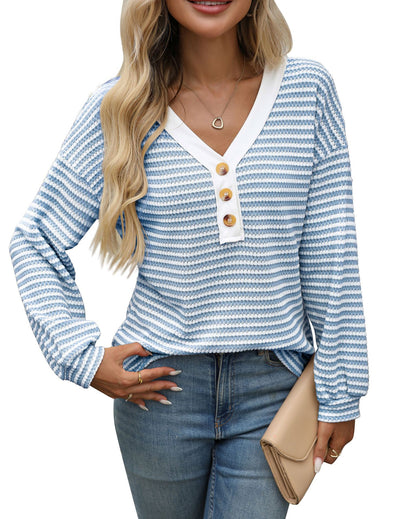 Women's V-neck Buttons Pullover Patchwork Casual Long-sleeved Top