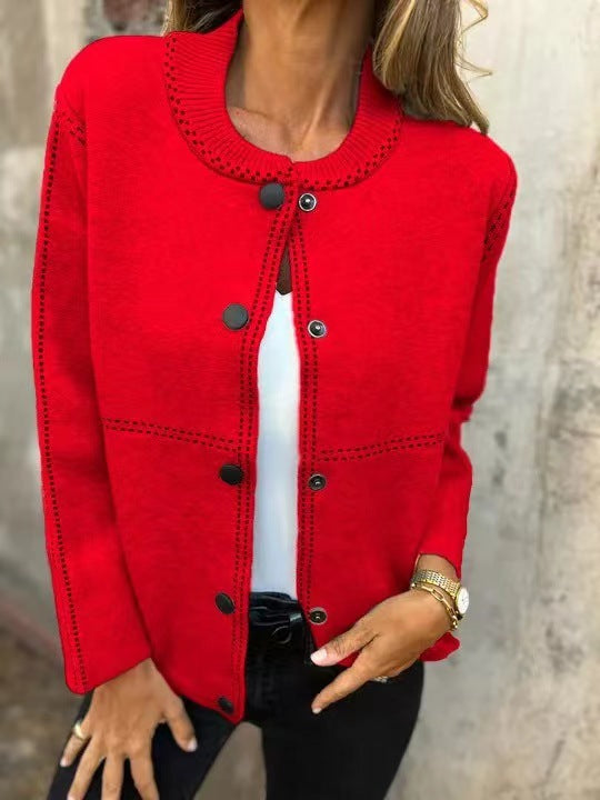 Ins Black-striped Button Cardigan Fashion Sweater Loose Round Neck Long Sleeve Cropped Tops Women's Clothing