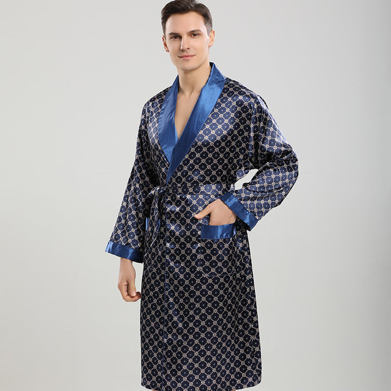 Men's Spring Summer Long Sleeve Silk Nightgown Two Piece Set