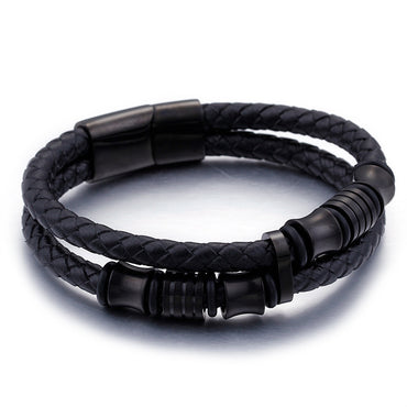 Guldfärgat rostfritt stål läderarmband herr svart herr läder wrap armband smycken armband med magnetlås