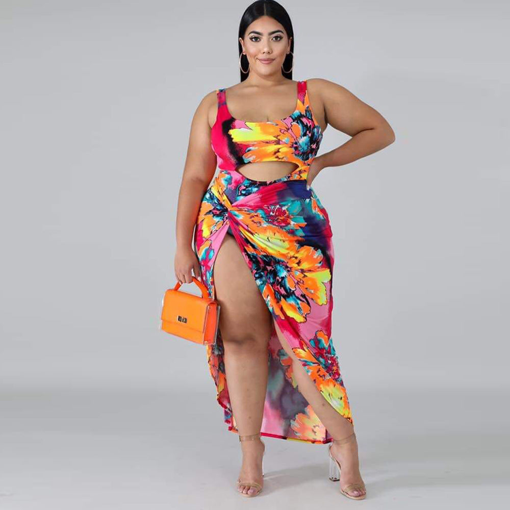 Plus Size Baddräkt Ett stycke Kjol Print Plus Size Baddräkt