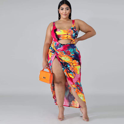 Plus Size Baddräkt Ett stycke Kjol Print Plus Size Baddräkt