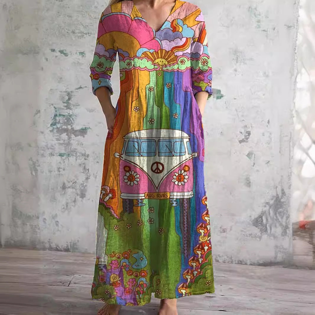 Casual Women's Fashion Floral Print Mid-length Dress