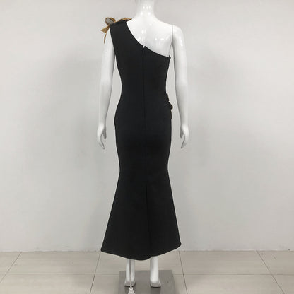 Slim-Fit Bandage Golden Flower Maxi Dress - Black Polyester
