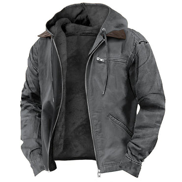 Winter Hooded Coat With Pockets Fashion Warm Fleece Zip-up Jacket Casual Outwear Men's Clothing