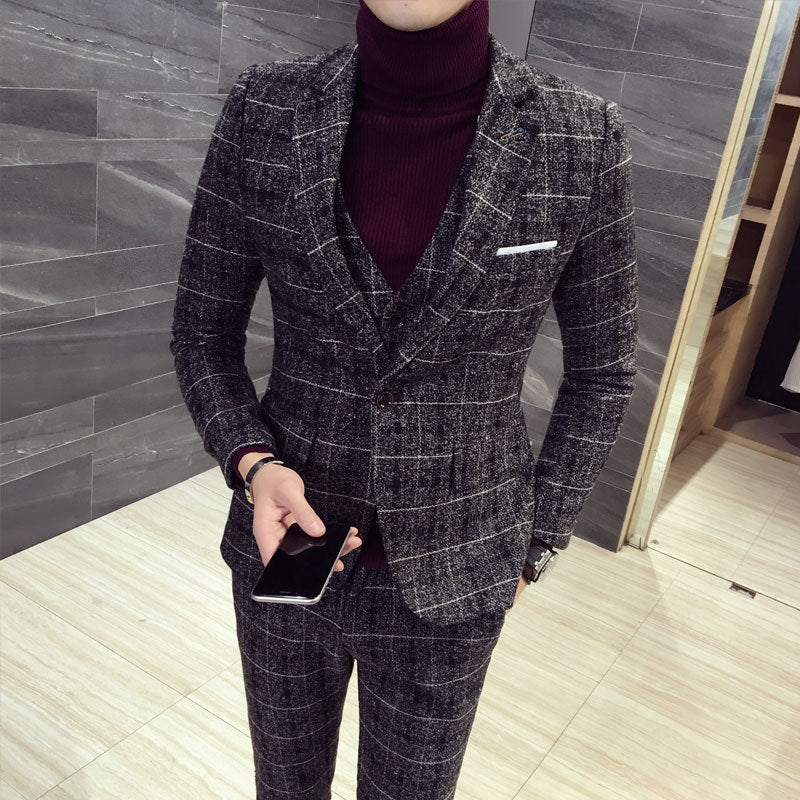 Slim British casual fashion check men's suit set of three pieces