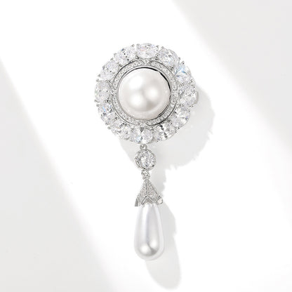 High-end Palace Style Zircon Brooch Round Water Drop Shell Pearls Temperament Clothing Accessories Pin