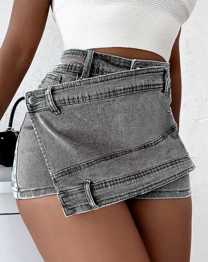 Y2K Street Vintage Denim Shorts Stretch Overlap Waist Wrap Solid Asymmetrical Hem A-Line Skinny Mini Skorts Skirt