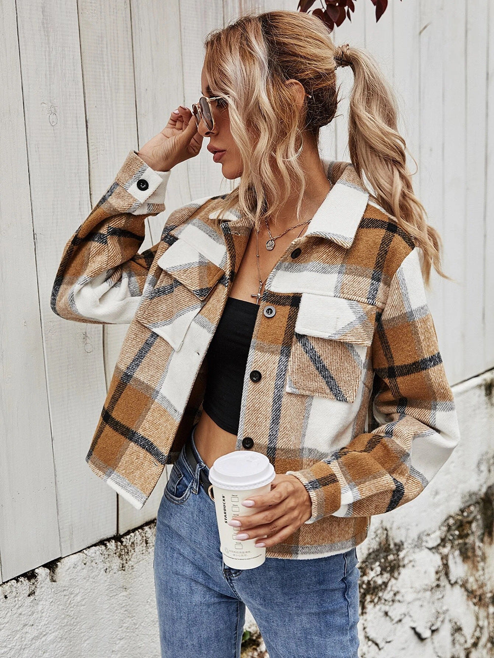 Manteau court à carreaux en laine à simple boutonnage pour femme