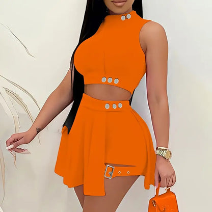 Dam 2-delade outfits kjolset sommar ärmlös crop top veckad kort minikjol