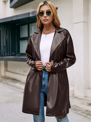 Trench-coat slim à manches longues en cuir mi-long en dentelle occidentale