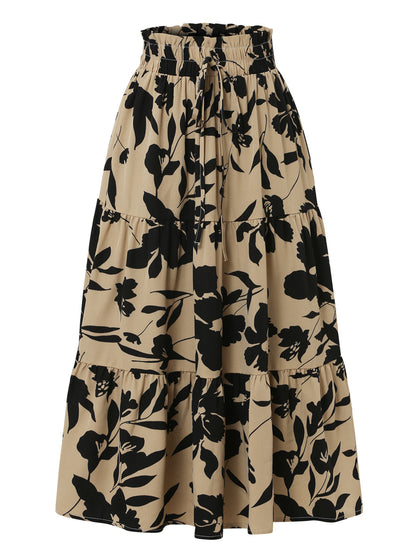 Professional European American Printed A-Line Pleated Skirt - Polyester Floral (5 Colors, S-XL, Commuting Style)
