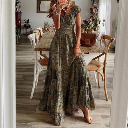 Summer Floral Print A-Line Dress  Women's Waist-Cinching  Mid-Length Dresses