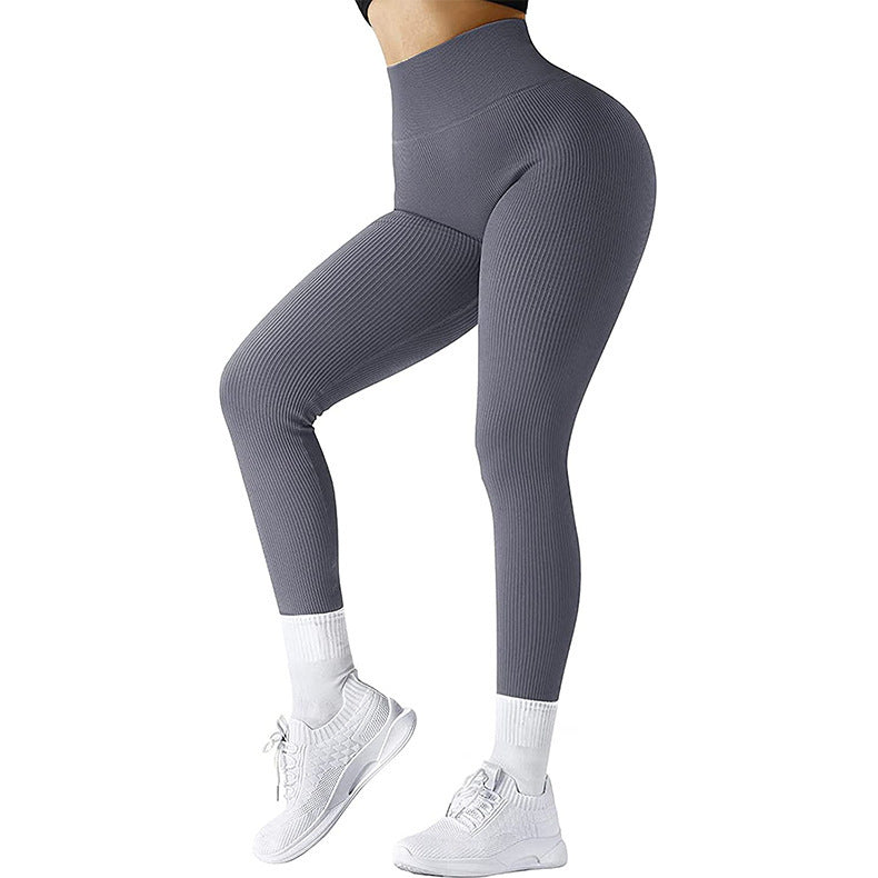 Sömlösa leggings med hög midja Trådade stickade fitnessbyxor Solida bantning för kvinnor Sport Yogabyxor Elastiska löpar-sportleggings