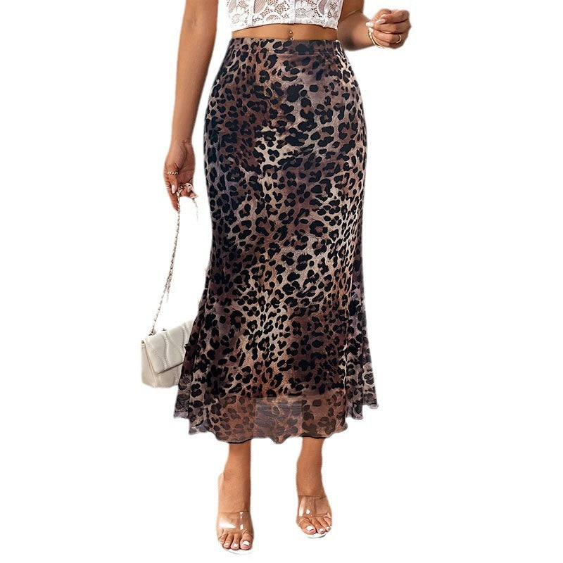 Sexy Leopard Print Stretch Mesh See-through Skirt