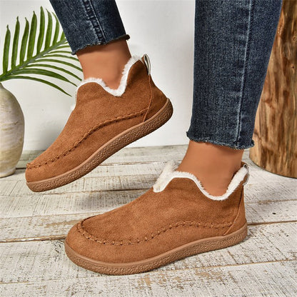 Women's V-Cut Plush Ankle Boots - Winter Velvet Flat Snow Boots