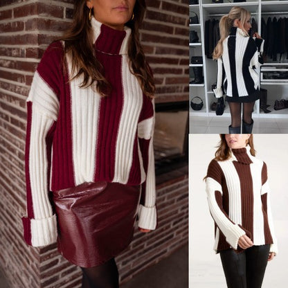 Women's Patchwork Turtleneck Long-sleeved Sweater