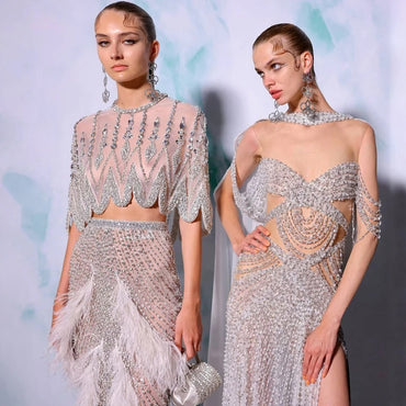 Silver Nude Slim-fit Feather Shawl Evening Dress