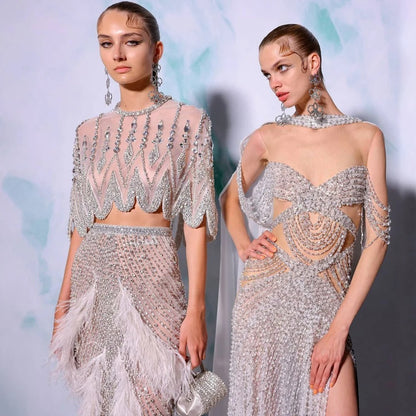 Silver Nude Slim-fit Feather Shawl Evening Dress