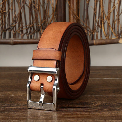 Men's Retro Leather All-Match First Layer Cowhide Stainless Steel Buckle Belt - Vintage Character