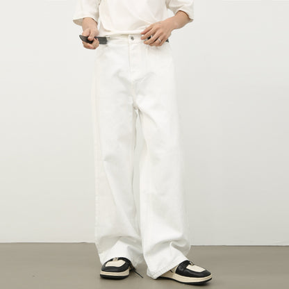 Korean Style Retro Half Elastic Waist Loose Straight Jeans Men's American Style