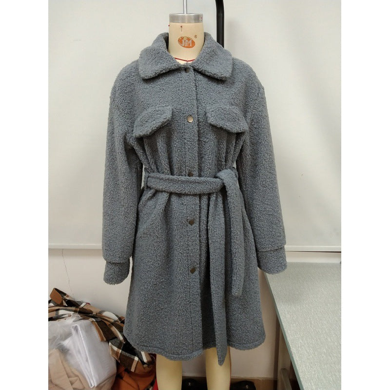 Mellanlång Lapel Belted Enkelknäppt Plush Trench Coat