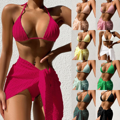 3st Halterneck Baddräkt Set Beach Enfärgad Sexig Baklös Bikini Med Mesh Kjol Sommar Damkläder