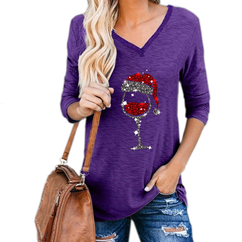 Christmas Wine Glass Print Plus Size Women Clothing