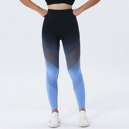 Ny ihålig design Gradienttryckt Yogabyxor Sömlösa hög midja Höftlyftande Fitness Leggings för kvinnor Snabbtorkande byxor