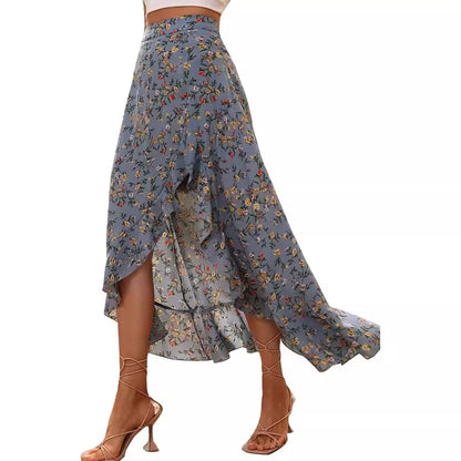 Professional Printed Ruffled Side Slit Skirt - Polyester Floral (3 Colors, M-XXL, Plants & Flowers)