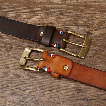 Men's Retro Laser Engraving Cowhide Brass Buckle Belt - Artistic Distinction