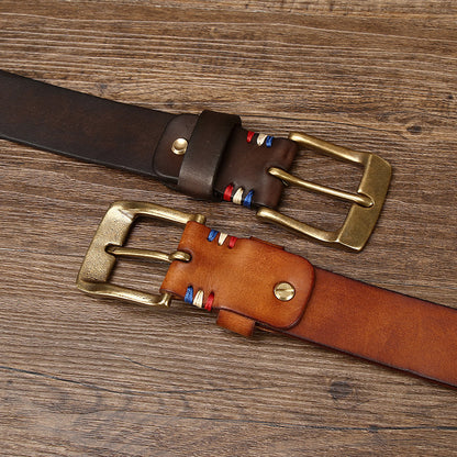 Men's Retro Laser Engraving Cowhide Brass Buckle Belt - Artistic Distinction