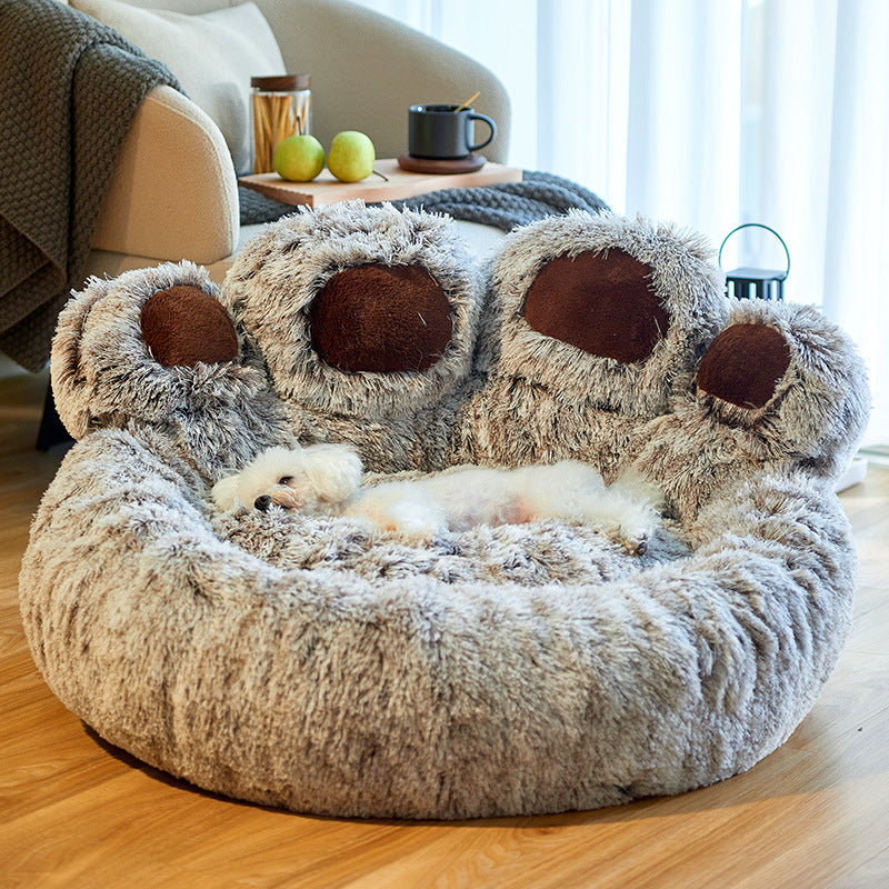 Lit rond pour chien et chat, grand tapis pour animaux de compagnie, longue peluche, sommeil profond, chaud, en forme de patte d'ours, coussin Super doux, lits calmes