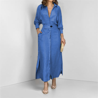 Women's Elegant Tied Solid Color Waisted Long-sleeved Shirt Dress