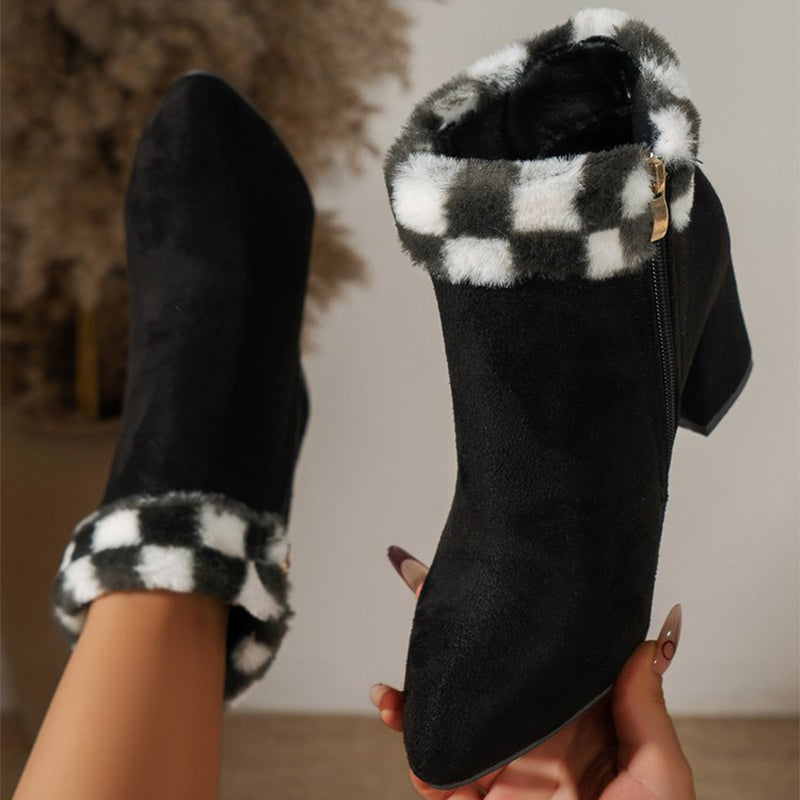 Women's Plaid Suede Ankle Boots with Square Heel