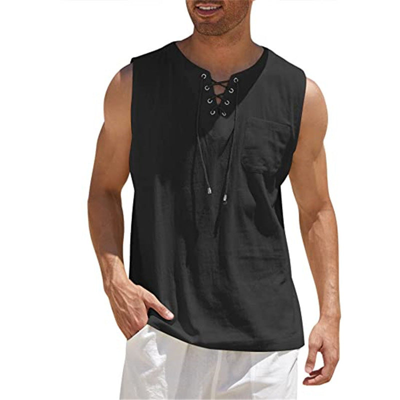 Summer Tank Vest Men Shirt Collar Tie Short Sleeve T-Shirt