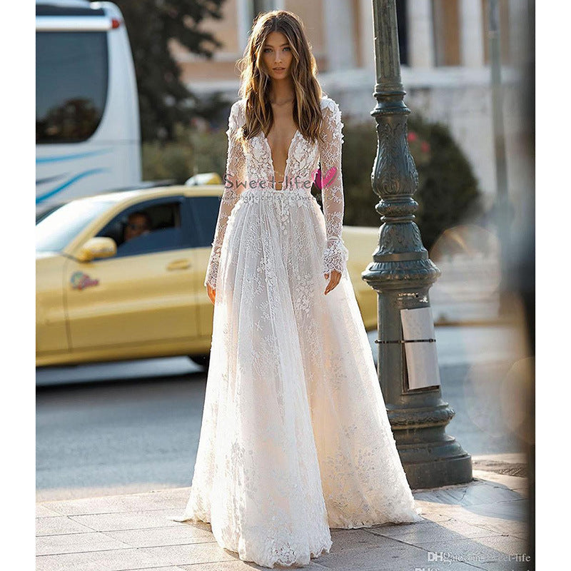 Women's Wedding Dress - Elegant Lace Long Sleeve Gown