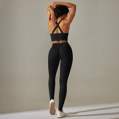 Sömlös Sport Rygglyft Hip Tight Byxor Yoga Kläder Set