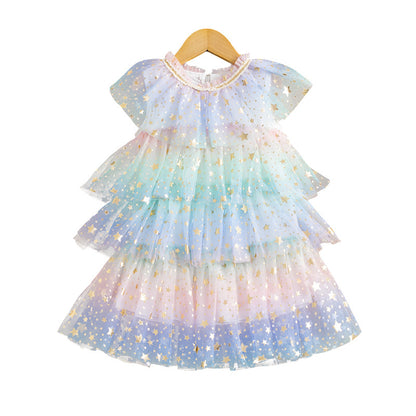 Girls Summer Rainbow Star Net Garn Kids Princess Cake Dress